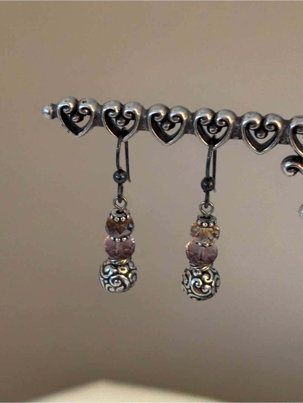 Brighton Kalpana dangle earrings featuring pink and amber beads.